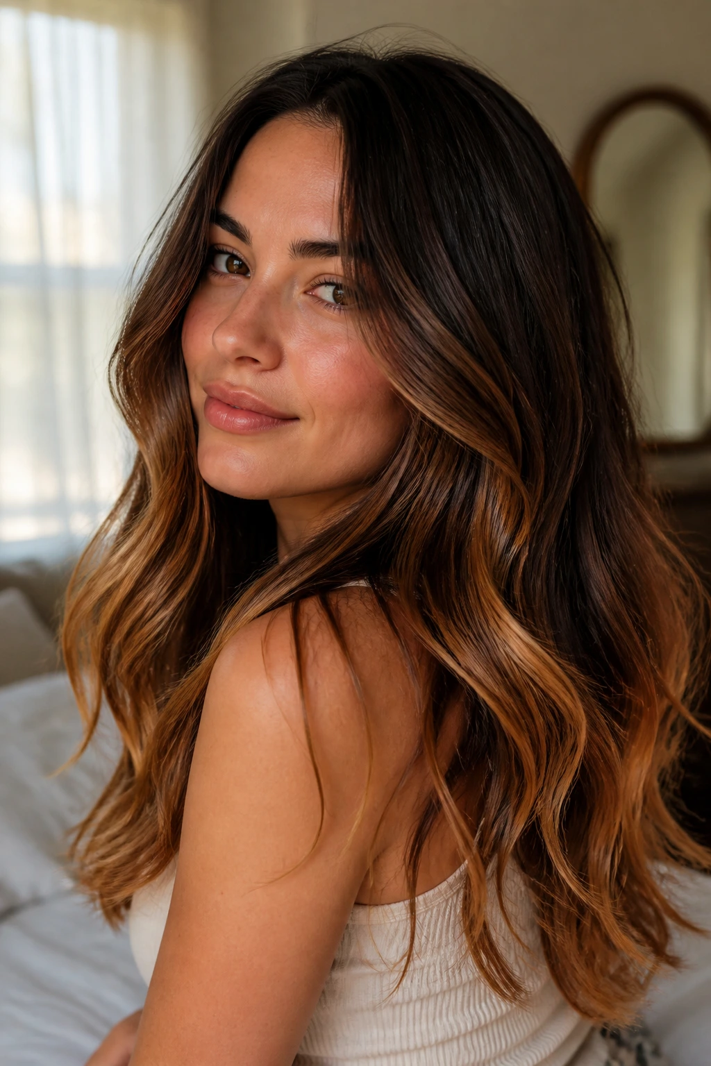 Close-up of a real woman with long brunette hair and toffee ends on the lower half