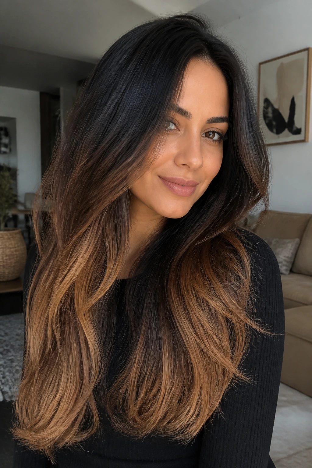 Close-up of real woman with long thick hair showing toffee ends on a dark base