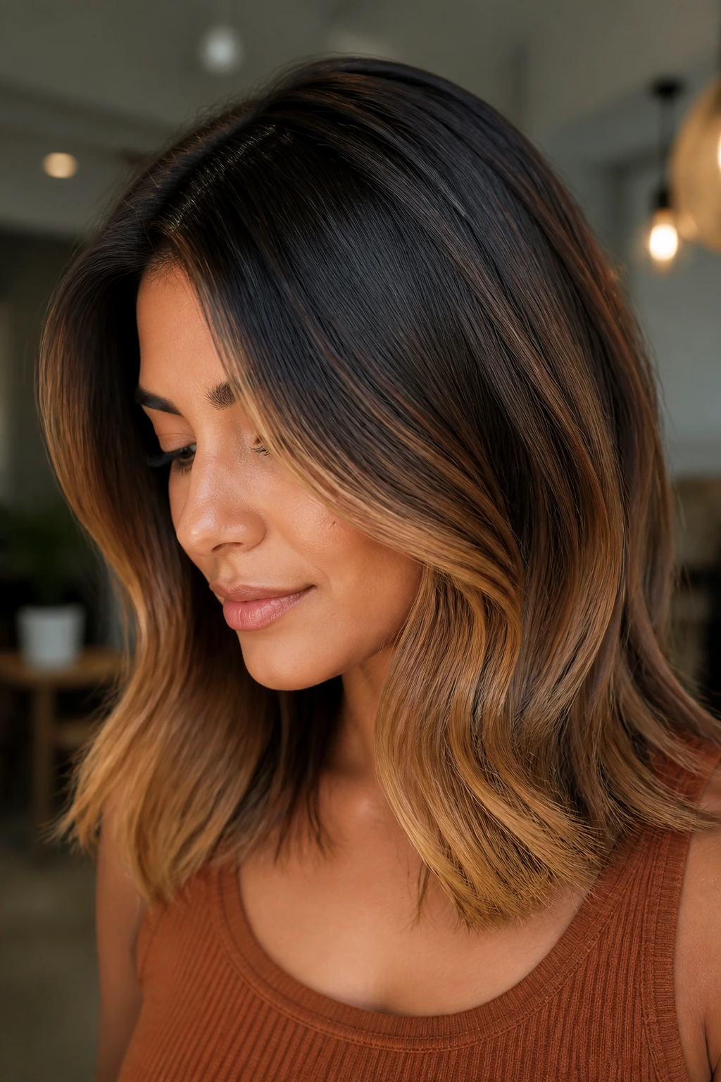 Close-up of a woman's hair showing toffee ends with a root shadow