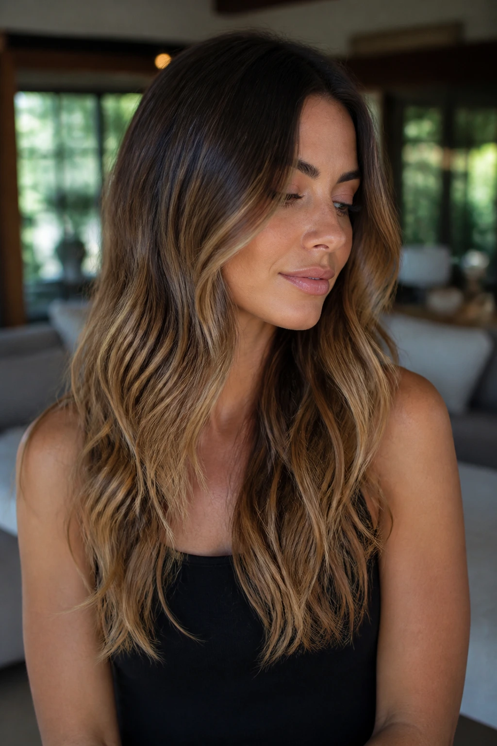 Long hair with dark shadow root and toffee ends