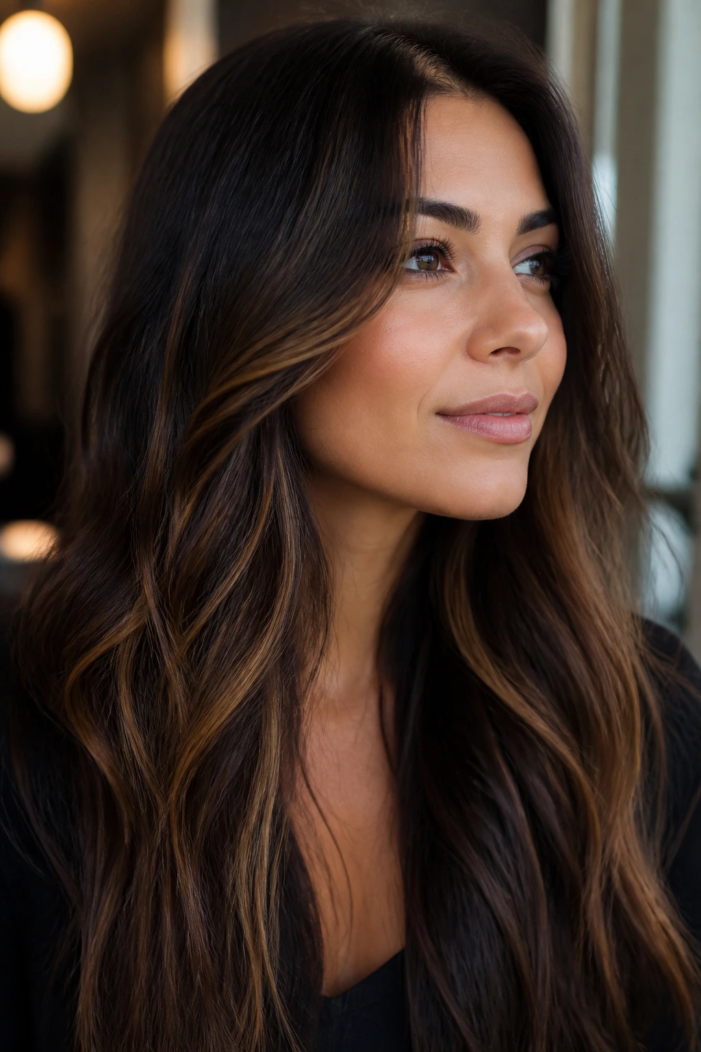 Close-up of espresso hair with toffee highlights starting below the temples
