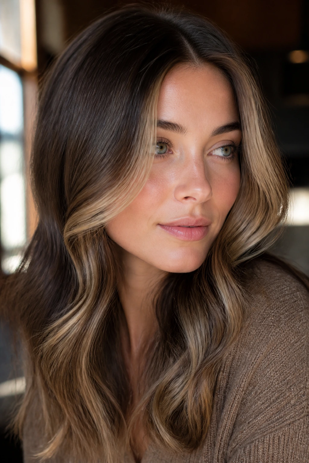 Portrait of a woman with toffee face-framing pieces brightening around the eyes