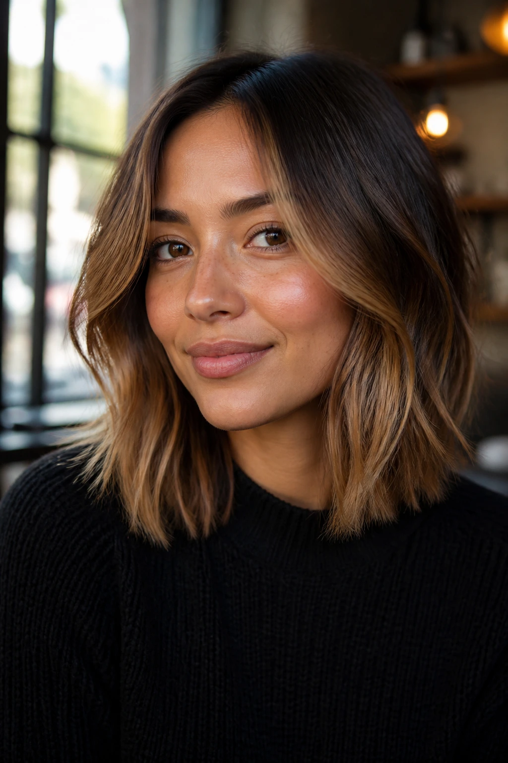 Close-up of a real woman with midlength hair and toffee face-framing layers around the cheeks