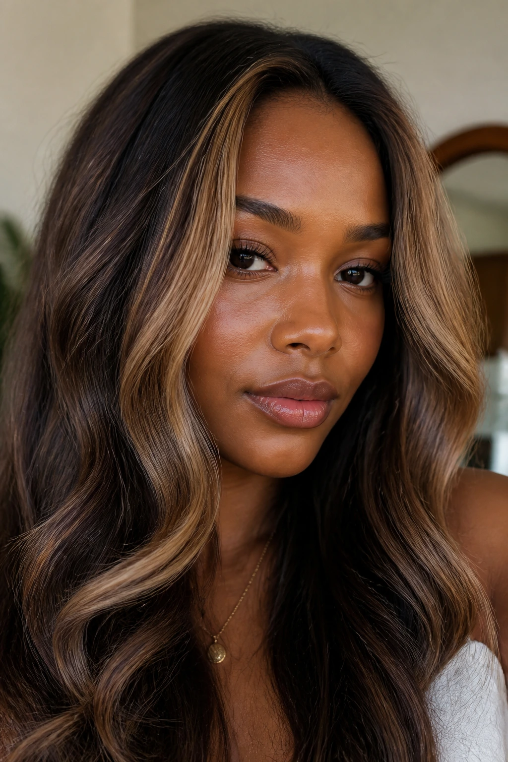 Face-framing toffee pieces brightening the front of the hair on a real person.