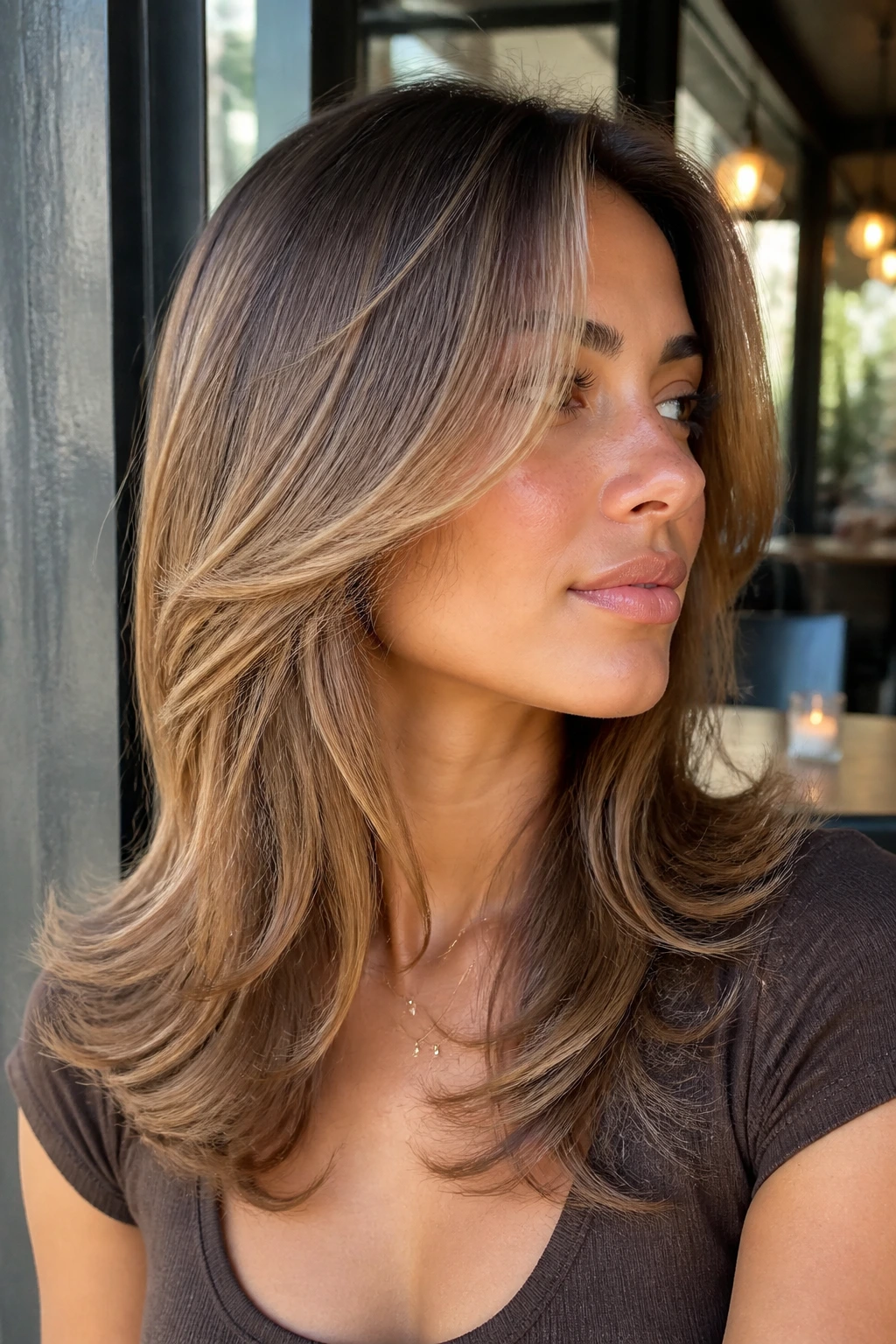 Close-up portrait of a woman with toffee feather layers and flip ends.