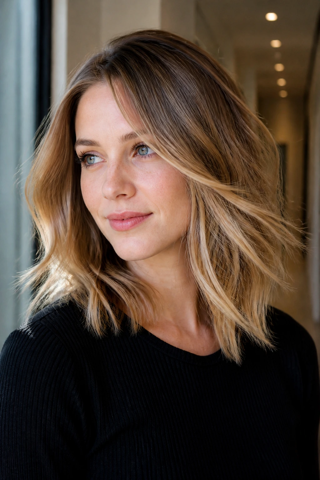 Close-up of a real person with toffee foilayage ribbons in shoulder-length hair
