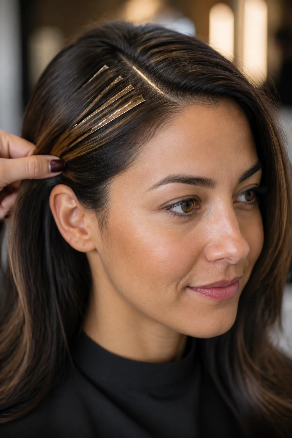 Close-up of brunette with toffee-toned part-line foils peeking through dark hair