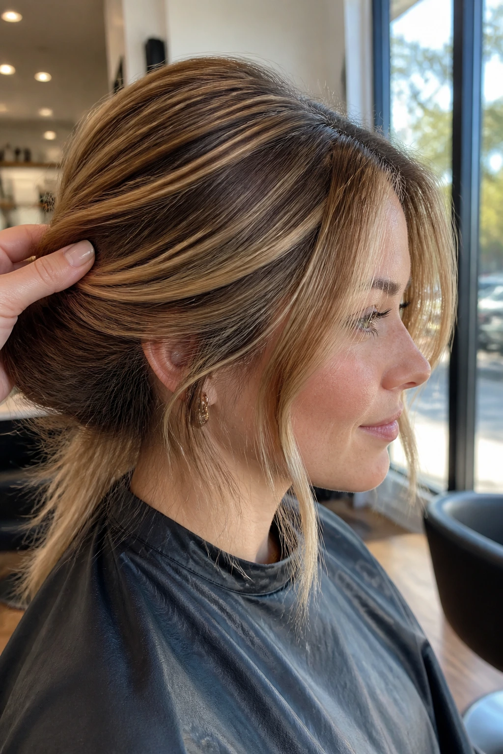 Close-up portrait of a real person showing warm toffee foils around the crown and face