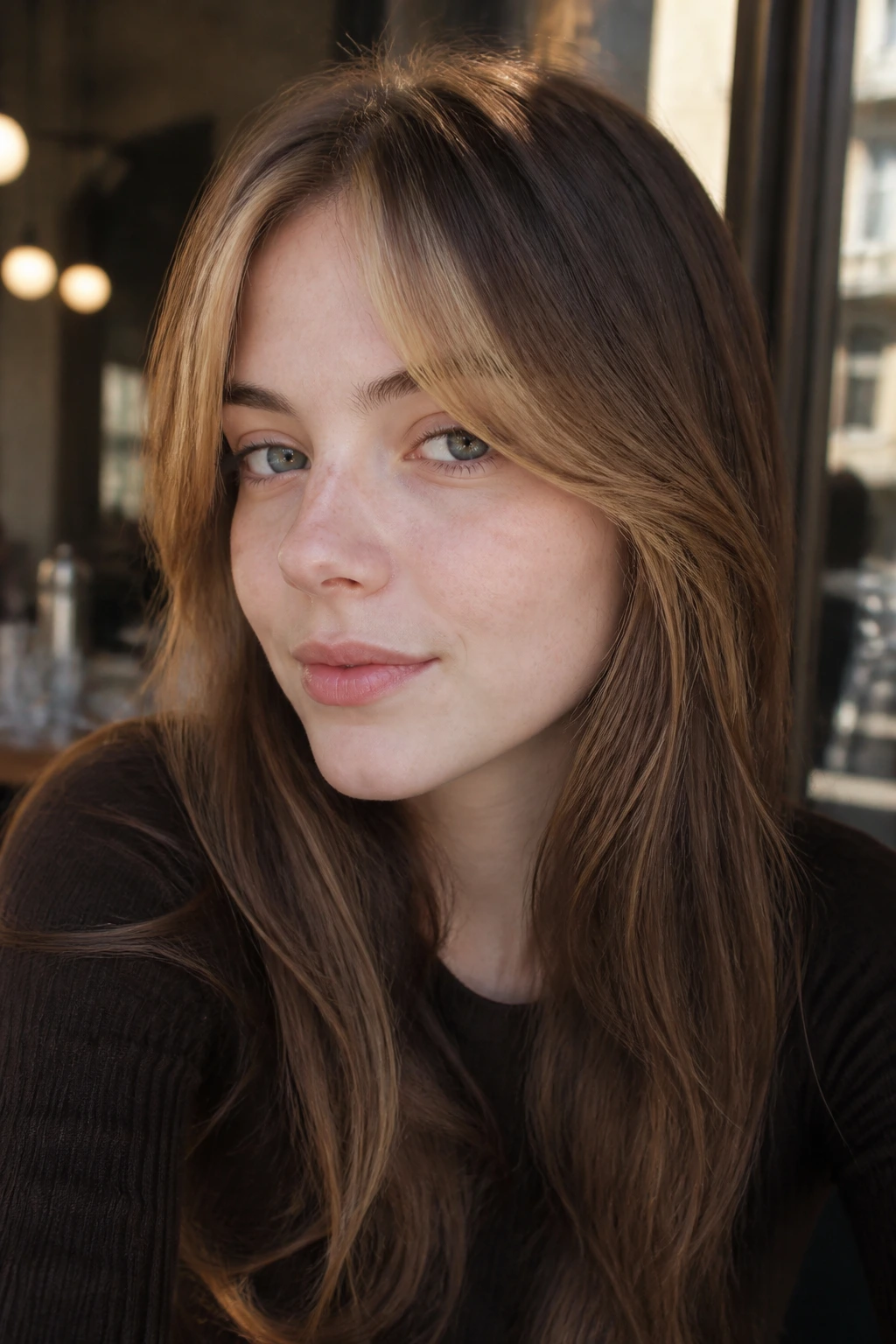 Close-up portrait of a real woman with toffee fringe highlights framing the eyes