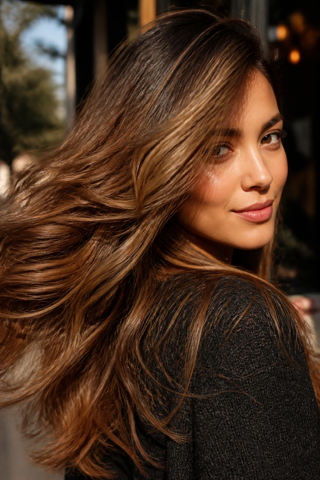 Portrait of person with toffee hair in warm light showing movement
