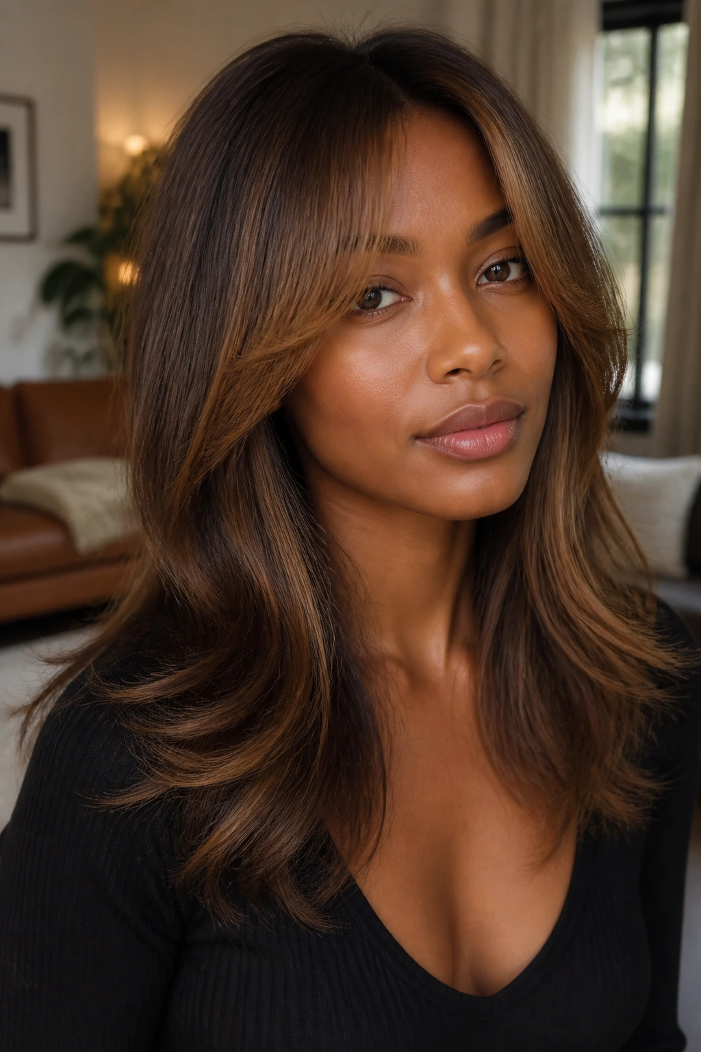 Close-up portrait of a real woman with toffee halo curtain bangs