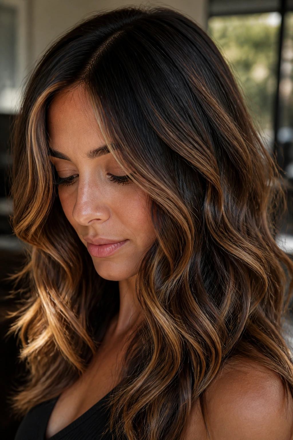 Brunette with toffee swirl highlights in loose waves.