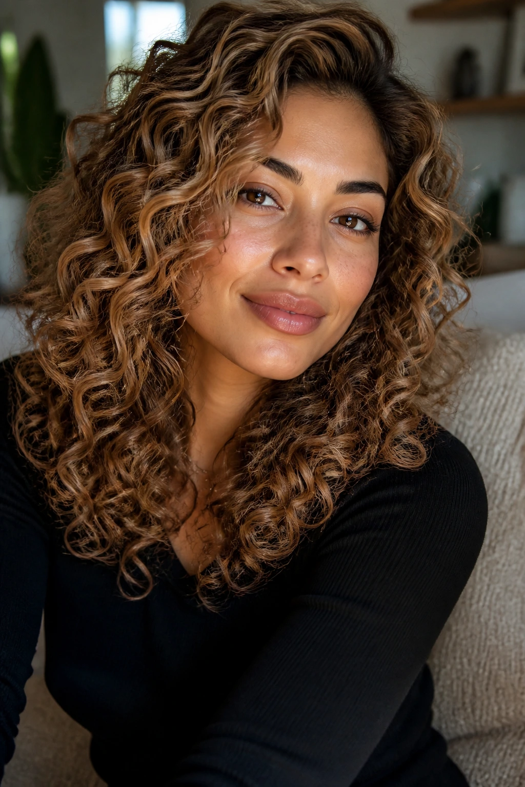 Close-up of real woman with toffee honey curls and deep lowlights on olive skin, warm natural light
