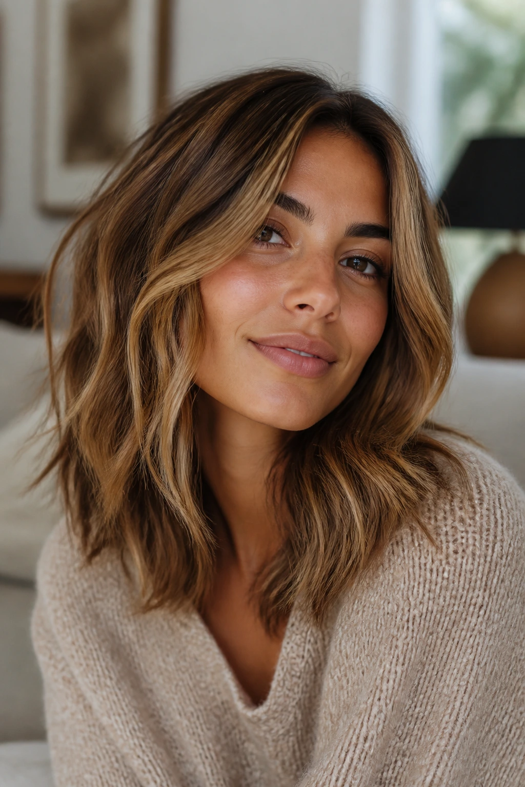 Close-up of a woman with toffee and honey ribboned waves on olive skin in warm window light