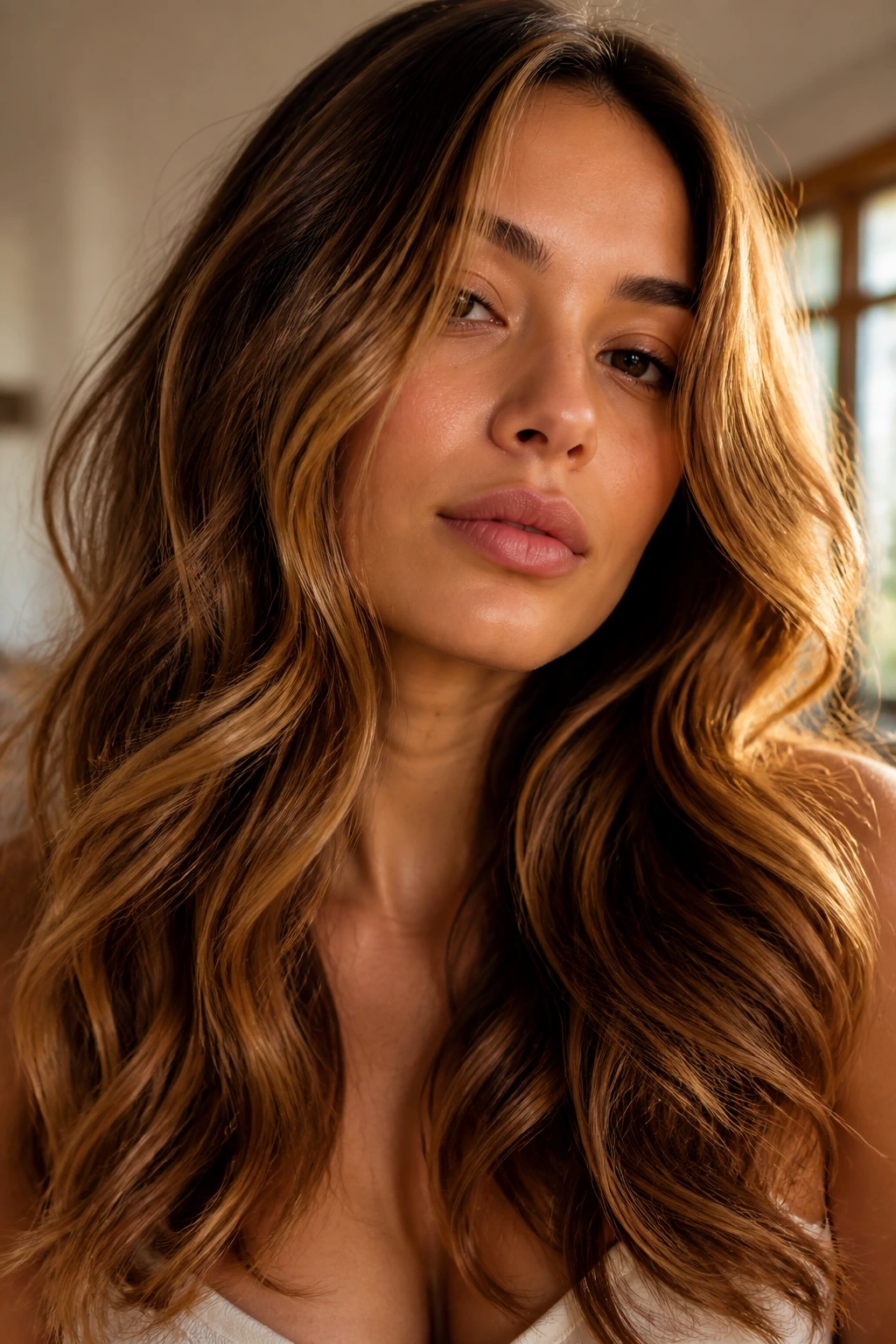 Close-up portrait of a woman with toffee honey waves hair