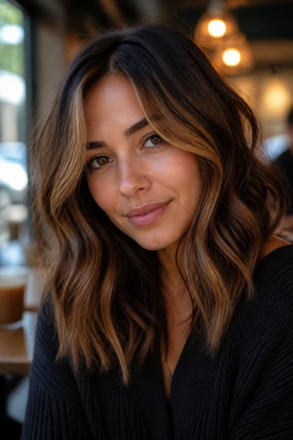 Close-up brunette with toffee laced highlights and chestnut lowlights