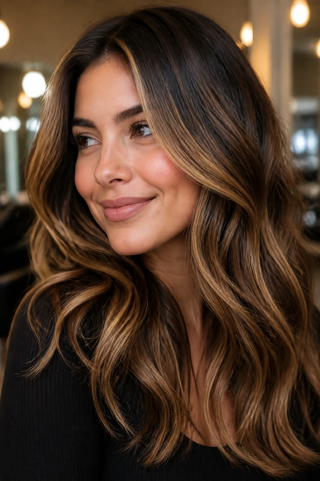 Close-up portrait of a real woman with toffee-laced brunette highlights in warm lighting