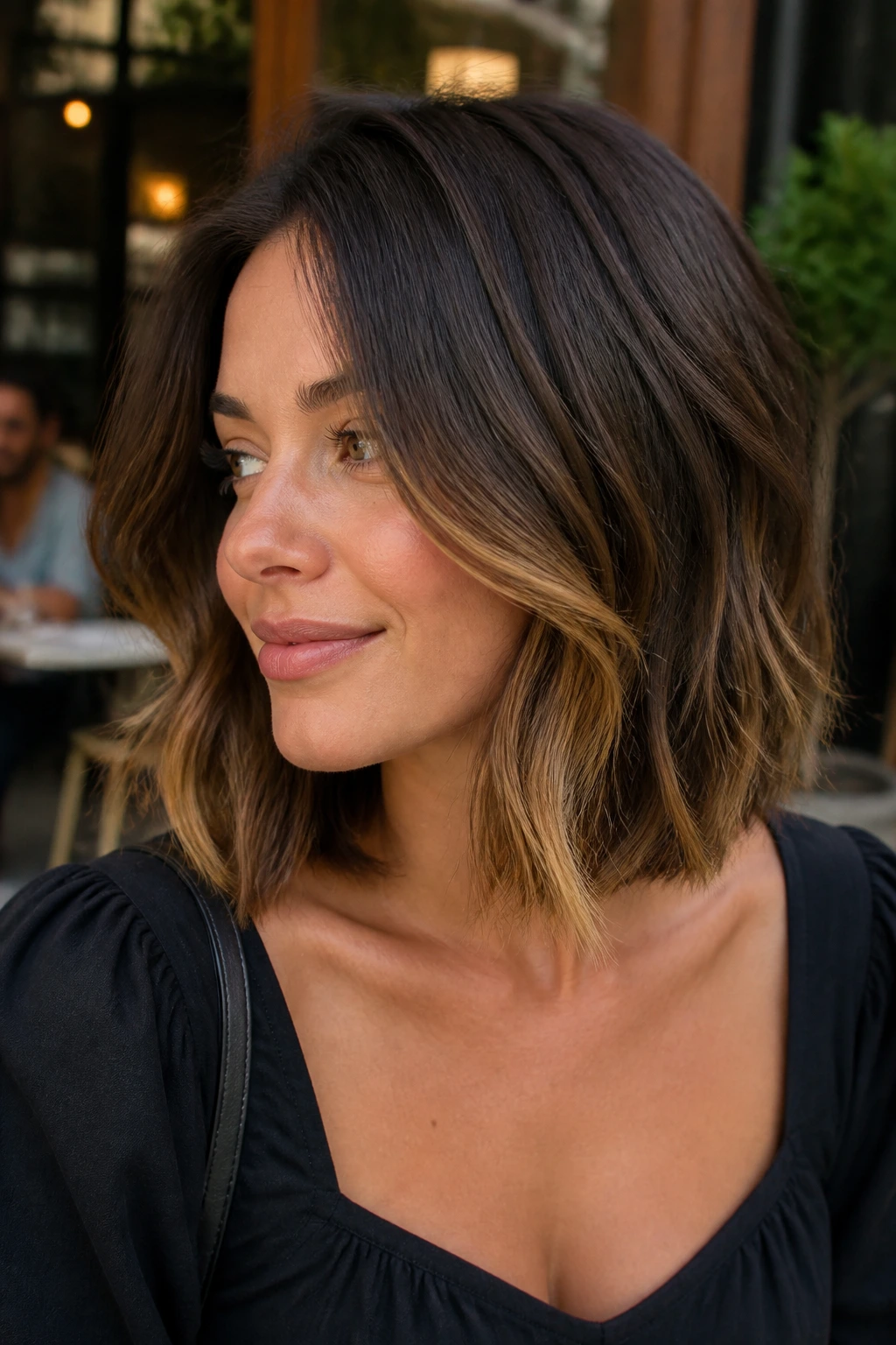 Real woman with toffee-lined lob showing warm face-framing highlights