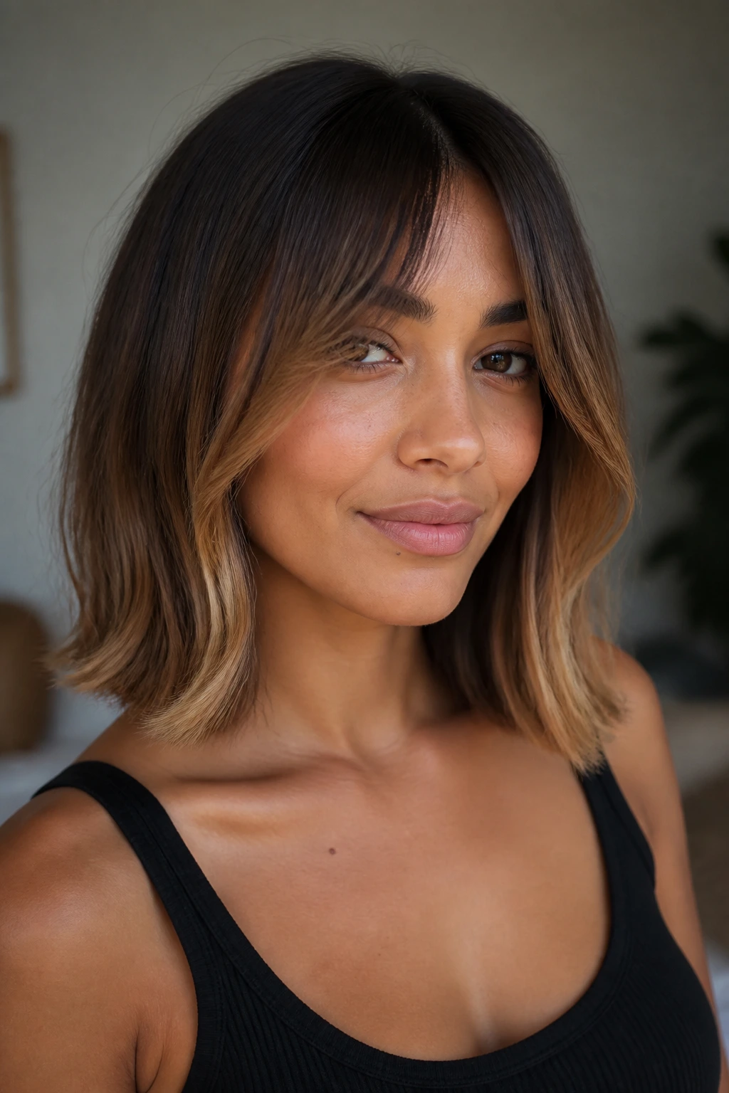 Close-up portrait of a real person with a collarbone-length lob and toffee ombre