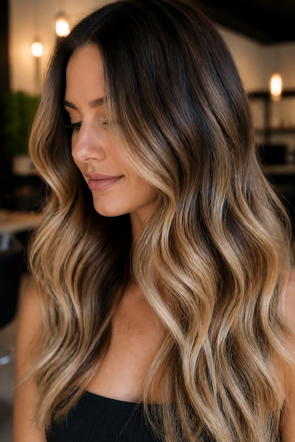Close-up of a real woman with toffee lowlights and creamy ends