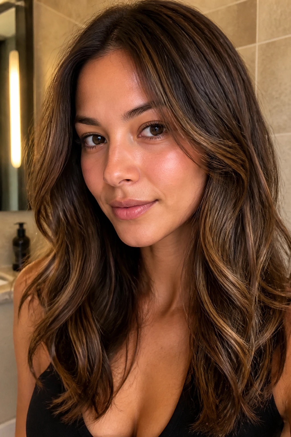 Close-up of toffee lowlights woven into medium brown hair