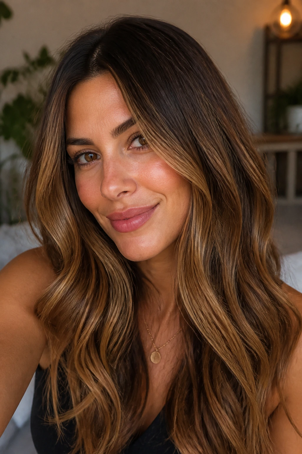 Close-up of woman with toffee melt hair color