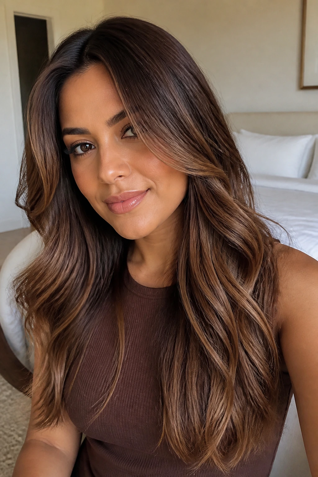 Head-and-shoulders portrait showing chestnut toffee melt gradient.