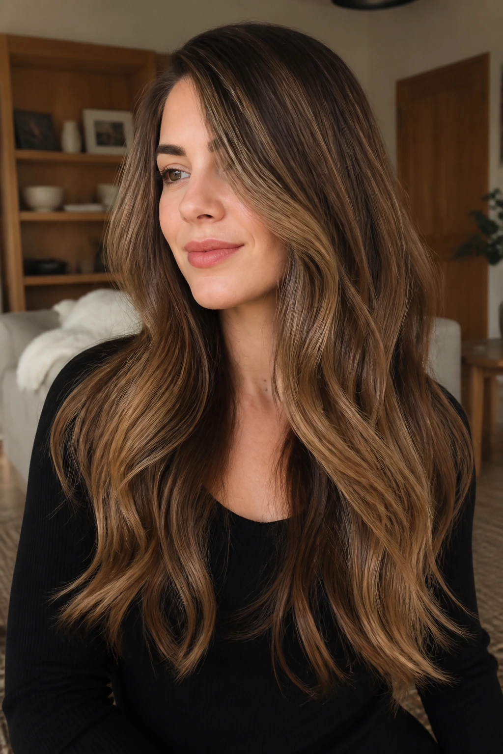 Portrait of a woman with long layered hair in toffee melt tones.