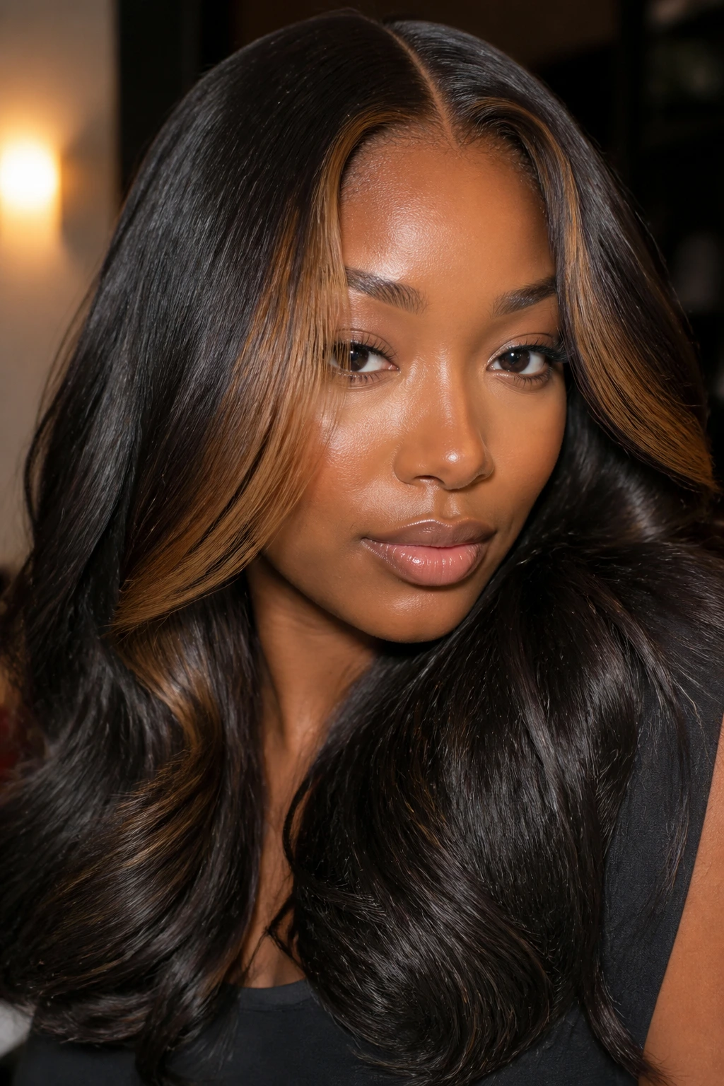 Toffee money piece framing the face with darker rest of hair