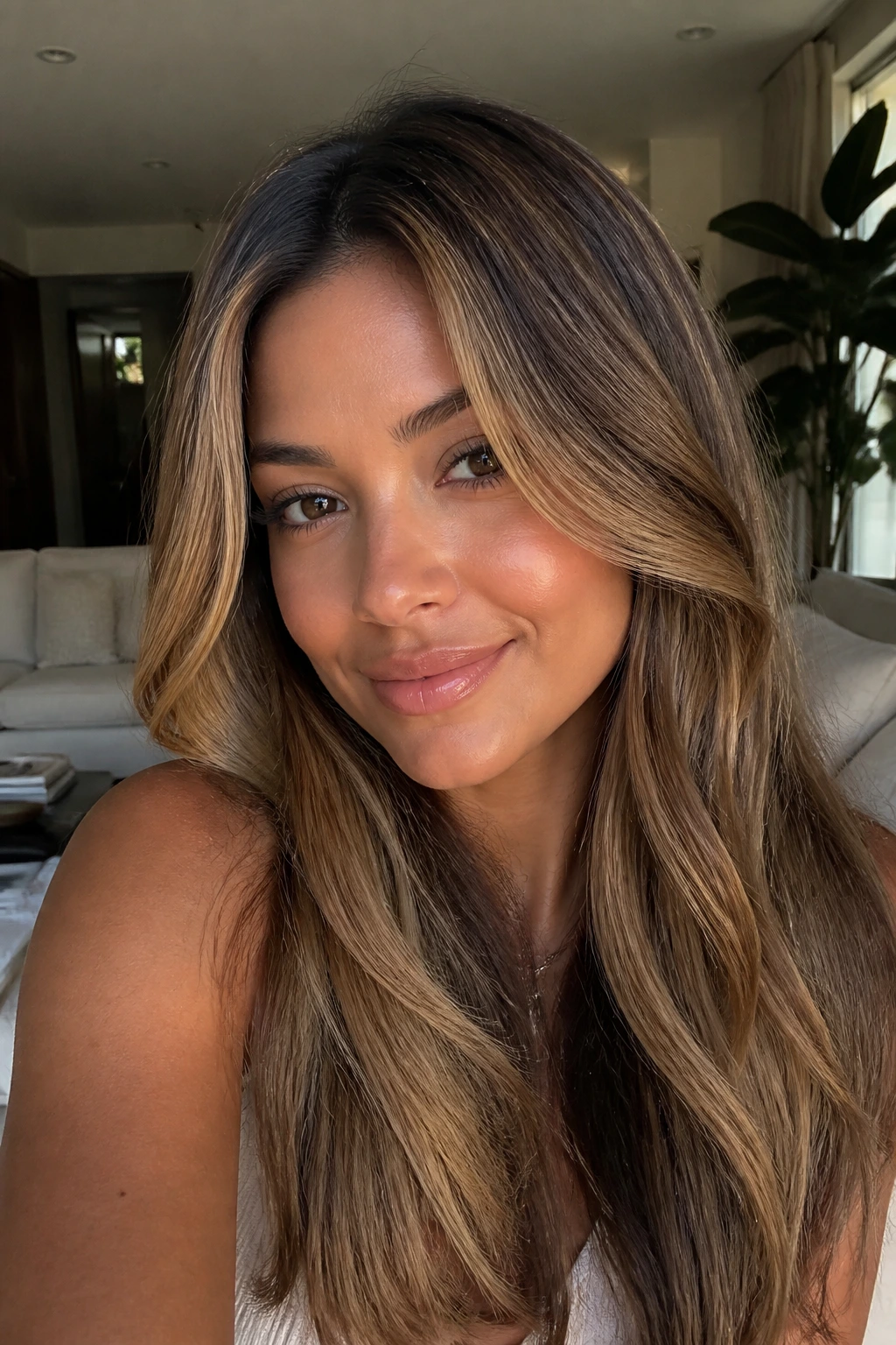 Close-up of a tan-skinned woman with a bright toffee money piece framing the face.