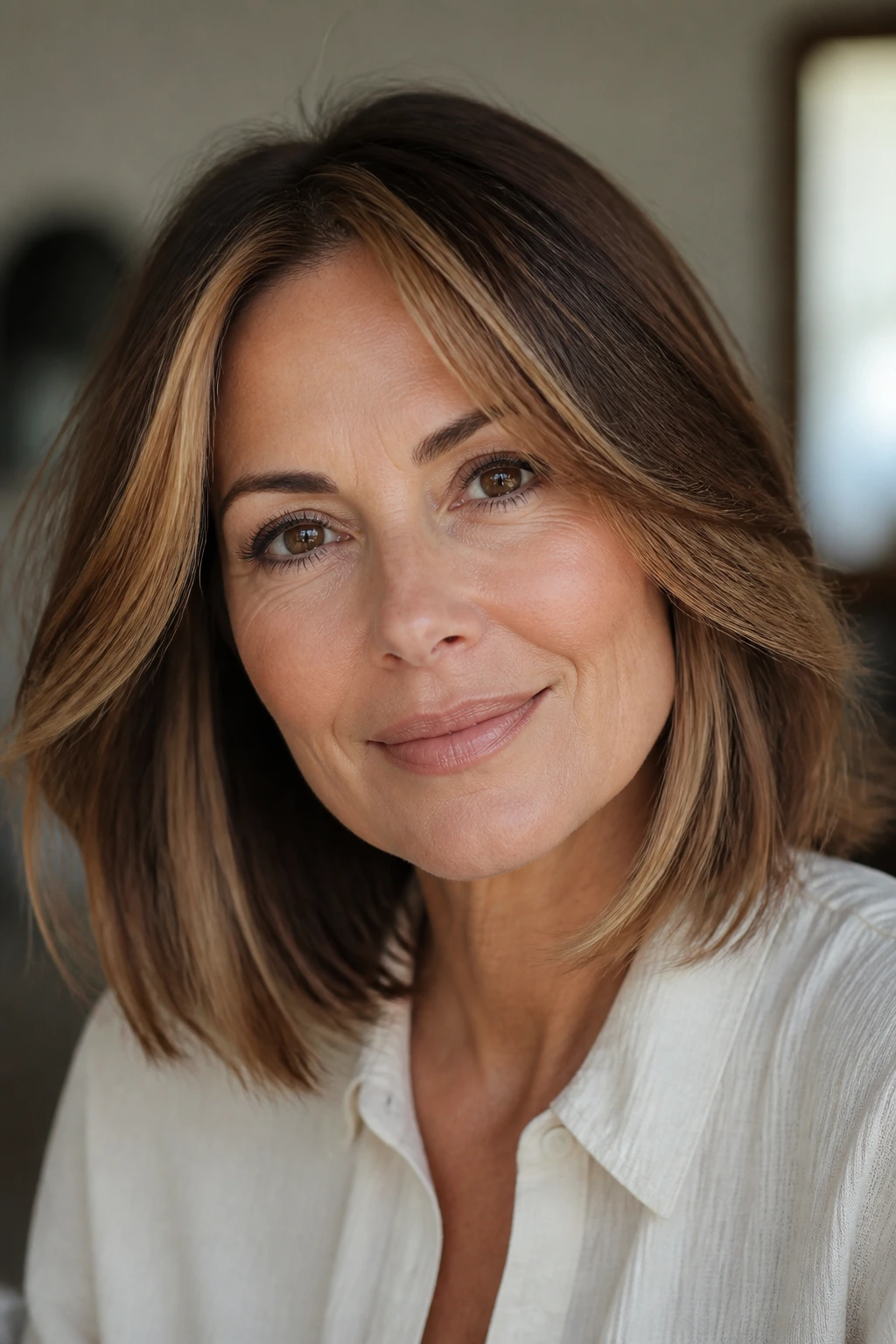 Close-up portrait of a real woman with a toffee money piece in fine hair.