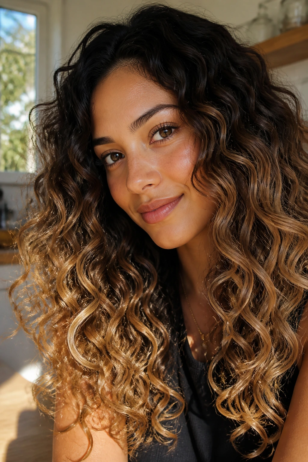 Close-up portrait of a real woman with toffee ombré hair from roots to caramel ends