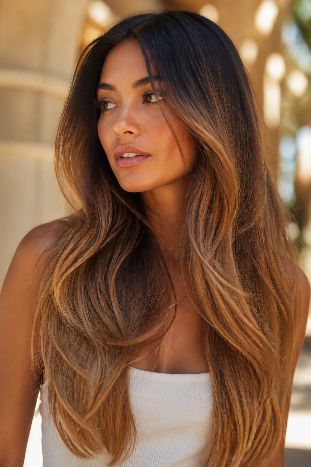 Close-up of a real woman with toffee ombré on waist-length hair