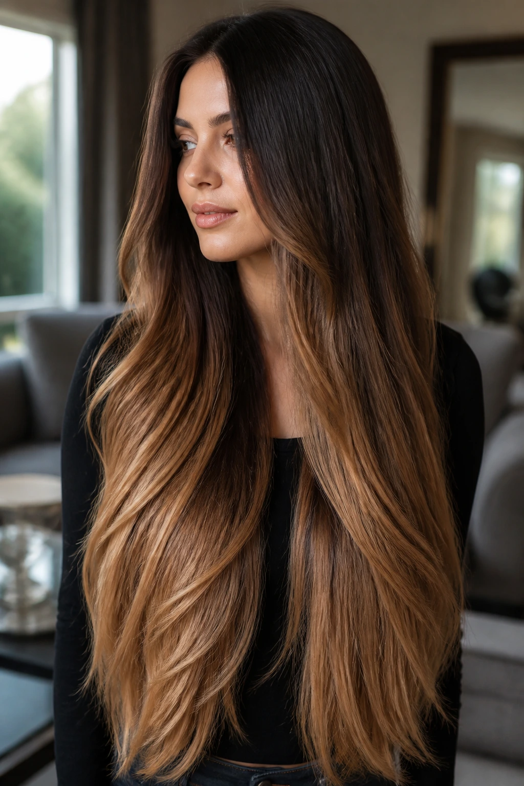 Close-up of waist-length hair in subtle toffee ombré