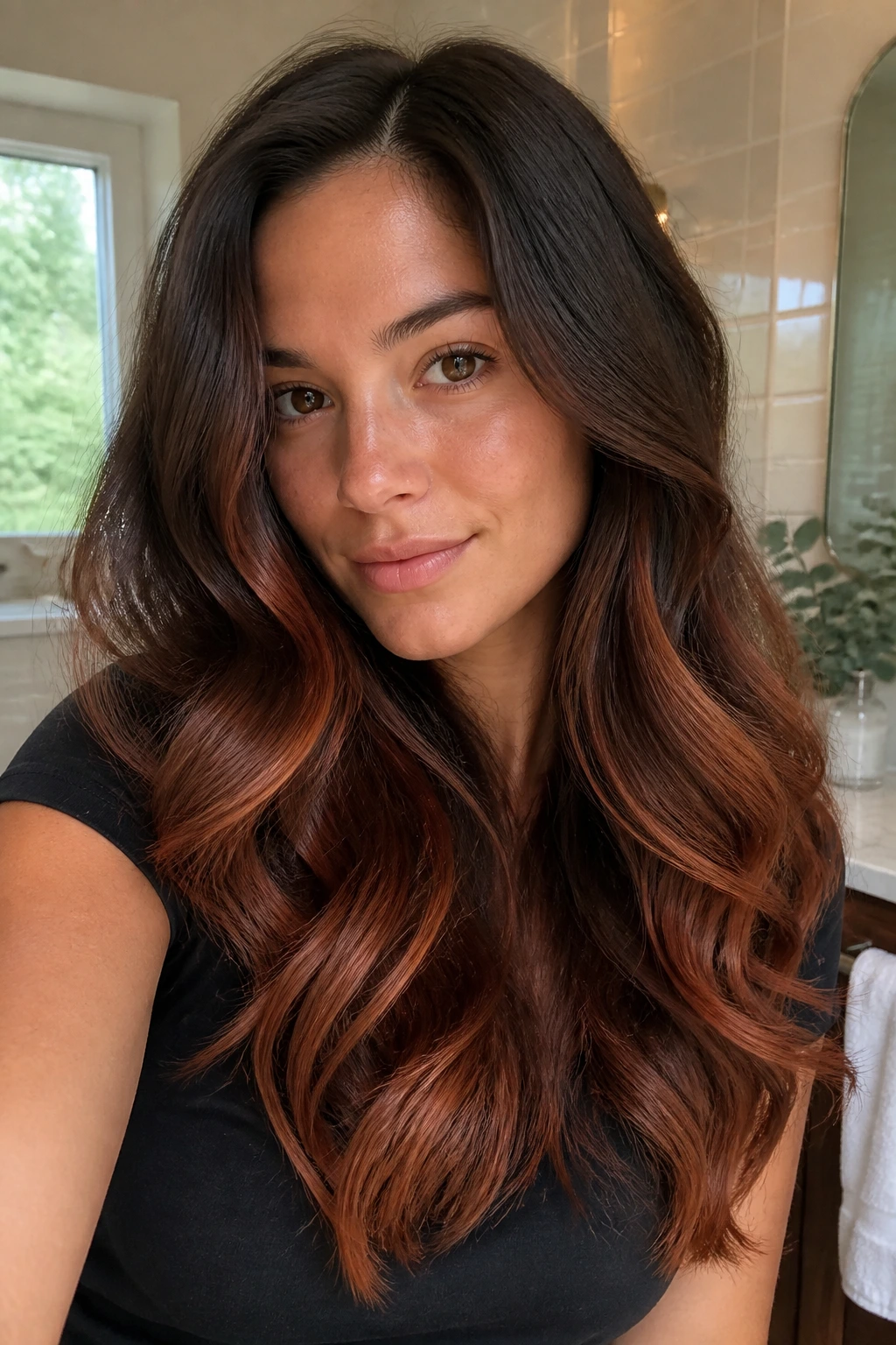 Long wavy hair with toffee-red ends and soft root shadow on a real person