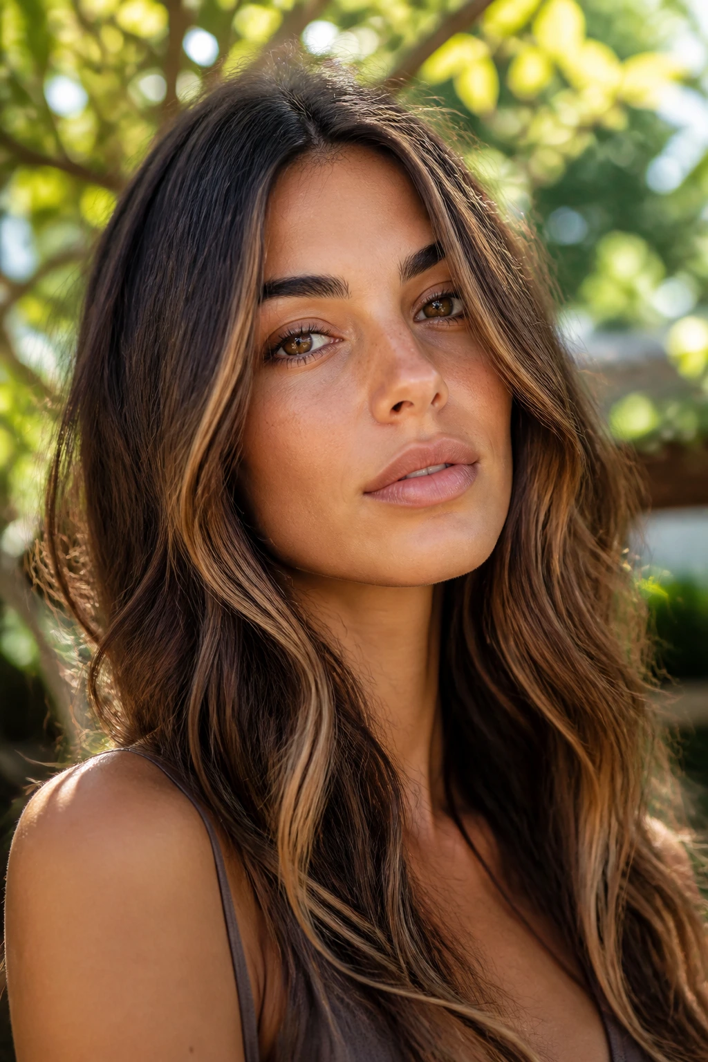 Real woman with brunette base and toffee ribbons through mids near the face