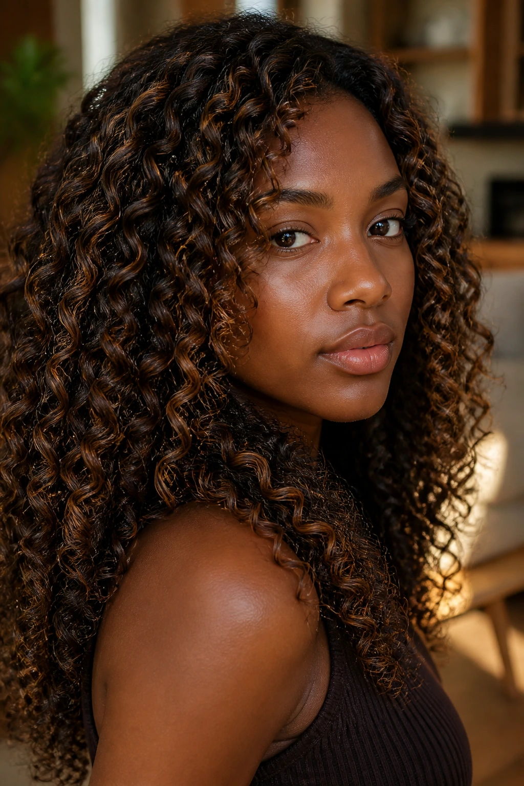 Close-up of a deep-skinned model with curly hair showing toffee ribbon highlights on a dark brown base