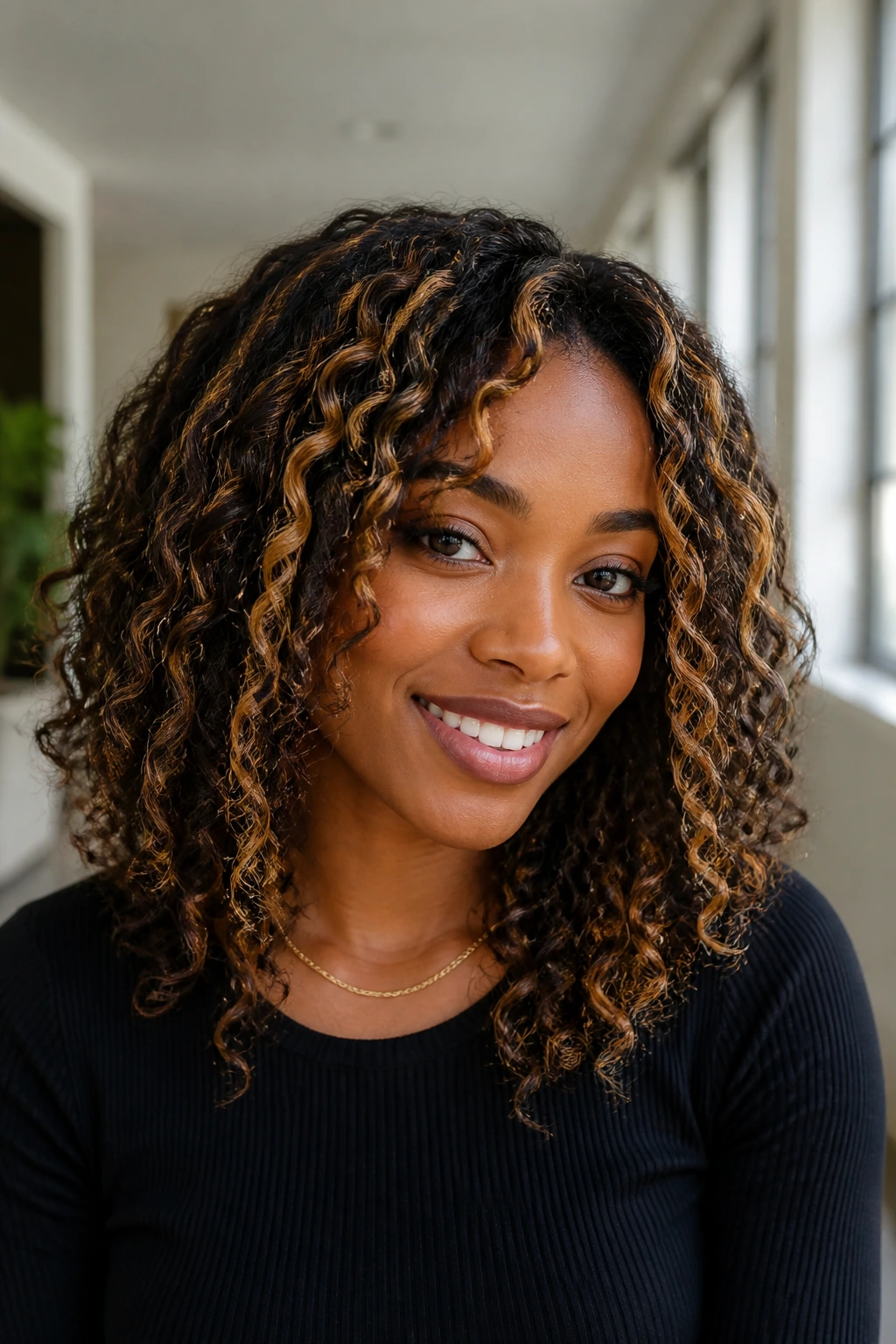 Close-up portrait of a woman with toffee ribbon highlights in curly hair under natural light.