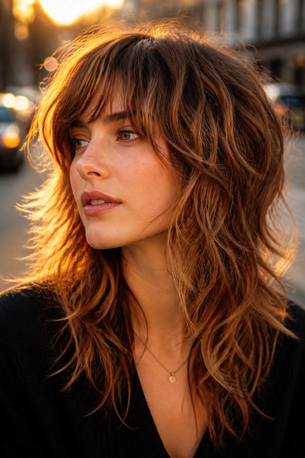 Portrait of a real woman with toffee ribbon lights through a shag hairstyle