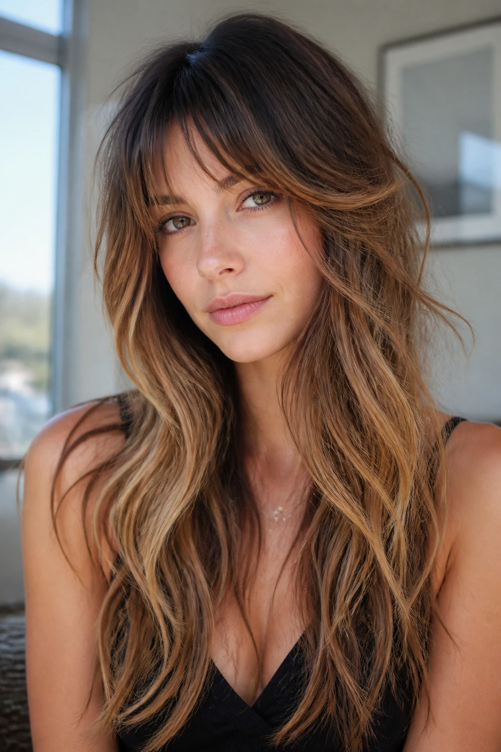 Close-up of a person with long shag haircut in toffee ribbon ombre