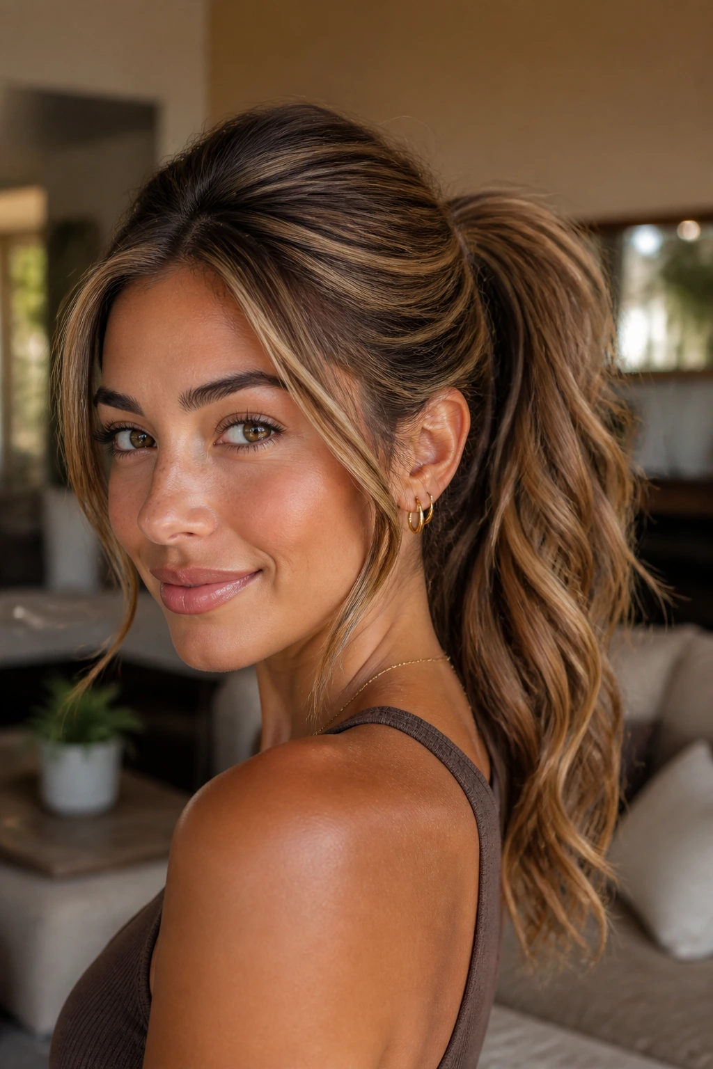 Portrait of a real woman with a toffee ribbon ponytail and subtle face-framing pieces.