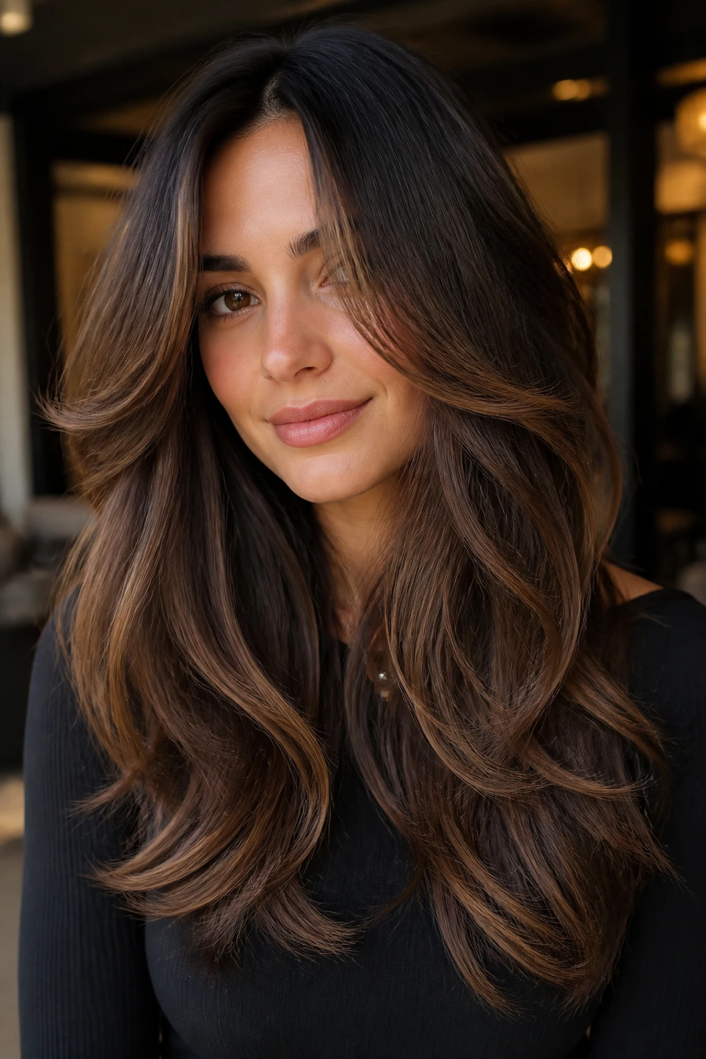 Brunette with toffee ribbons and butterfly ends