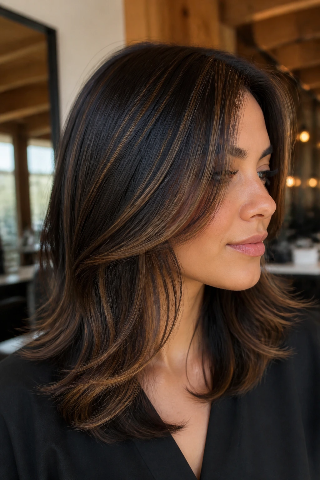 Close-up of a real woman with Toffee Ribbon Layers in dark hair, ribbons woven through layered strands.