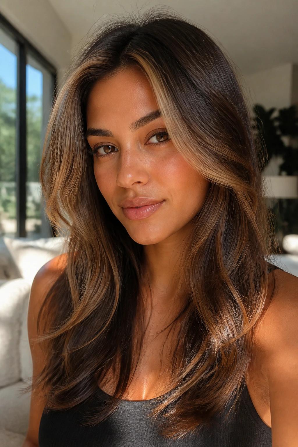 Close-up of a real woman with toffee face-framing layers in natural light
