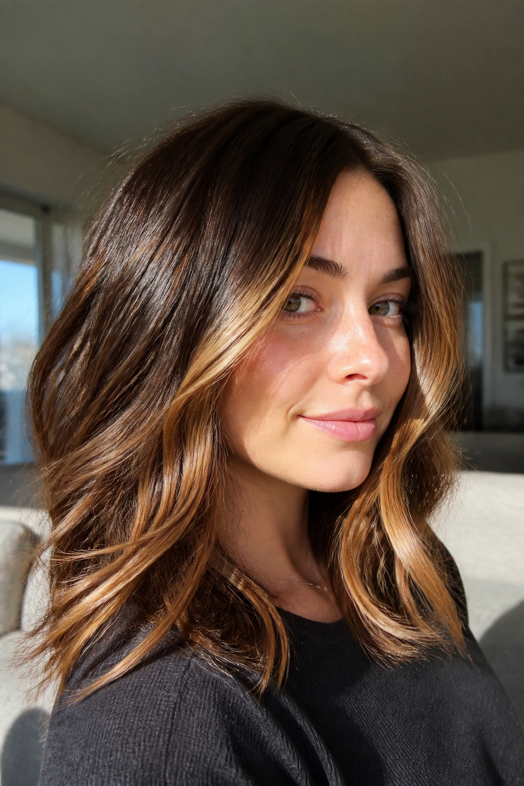 Toffee-beige ribbon balayage through mid-lengths on a real person