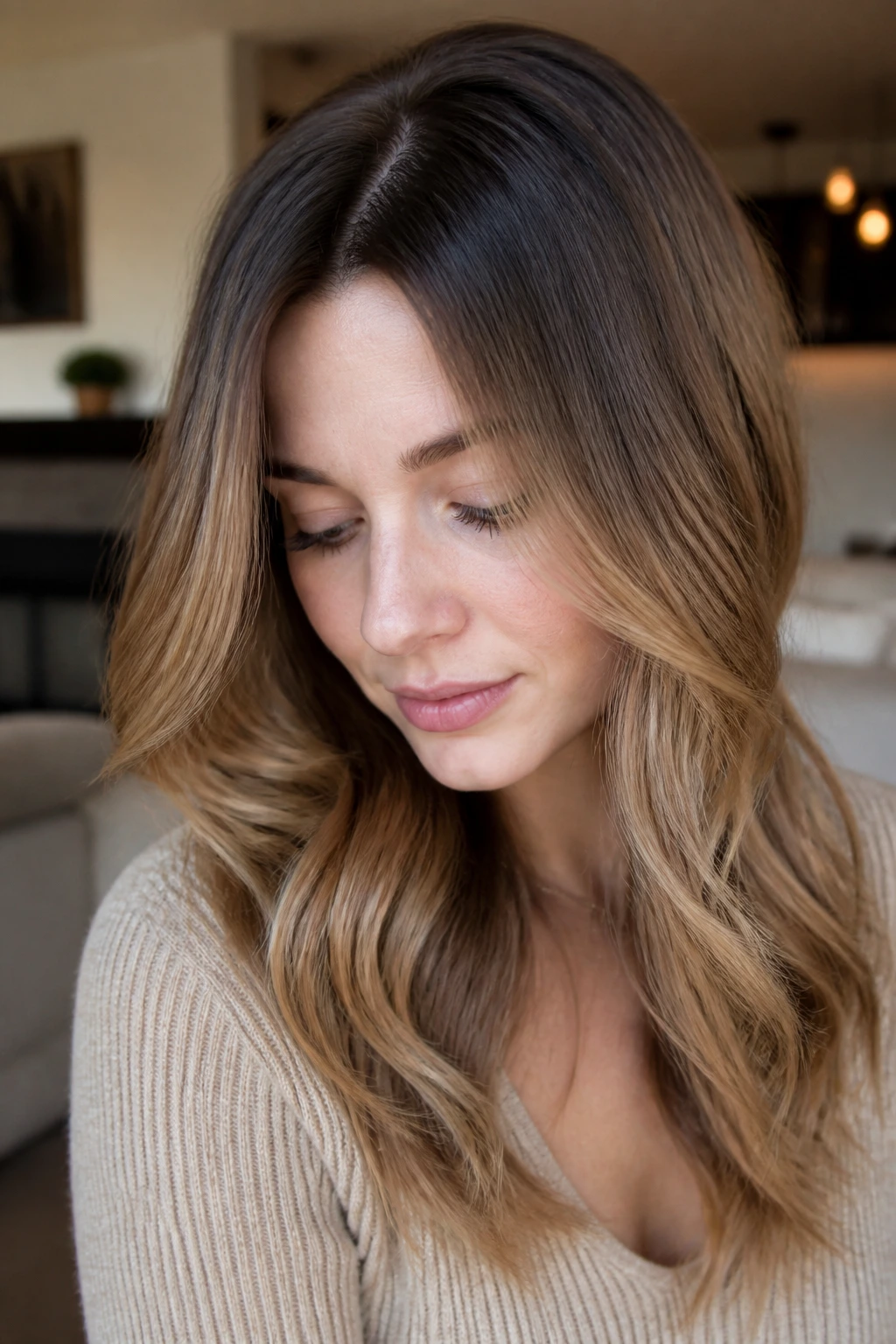 Portrait of a woman with dark root melt and toffee mid-lengths, soft background