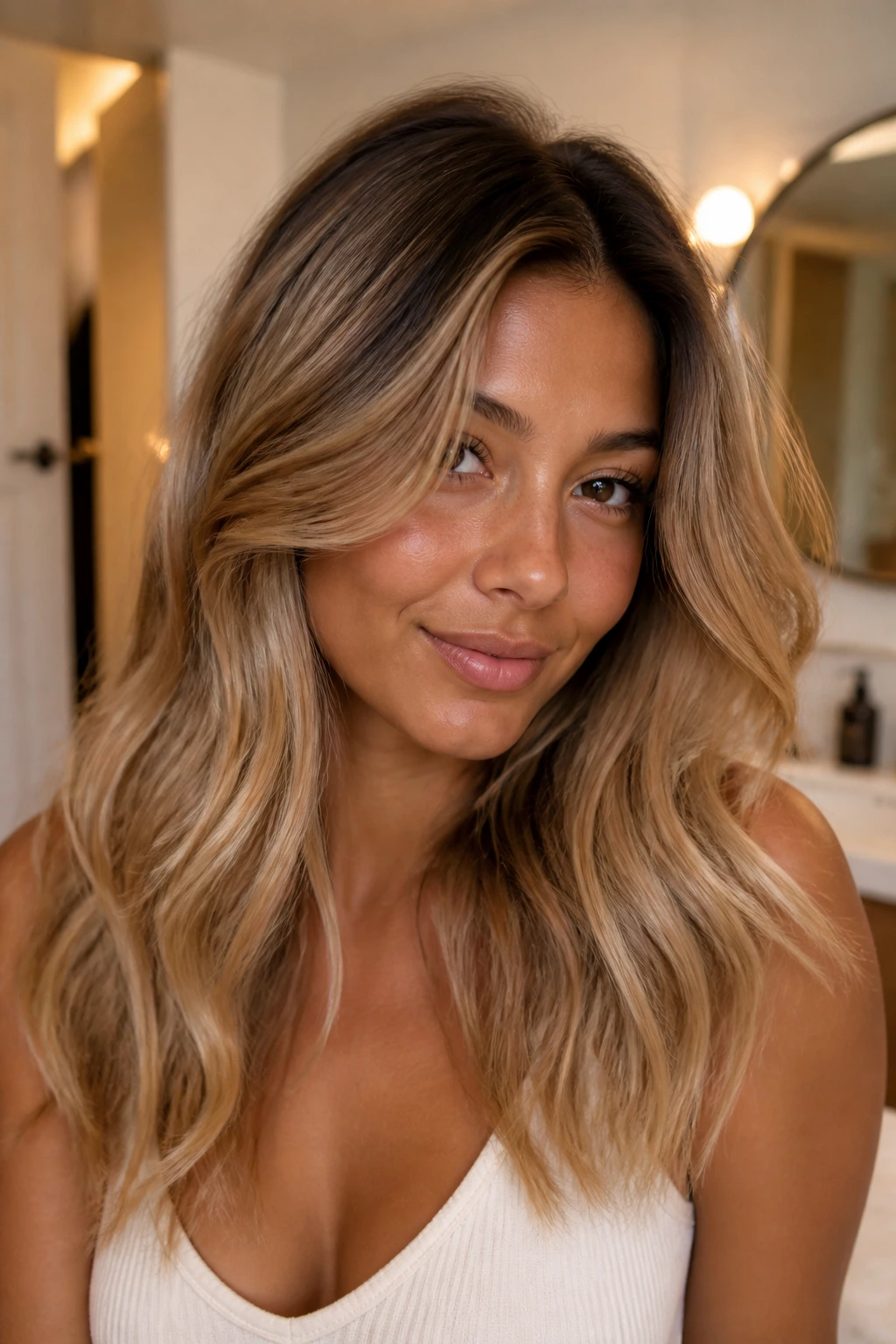 Close-up portrait of tan-skinned woman with toffee root shadow