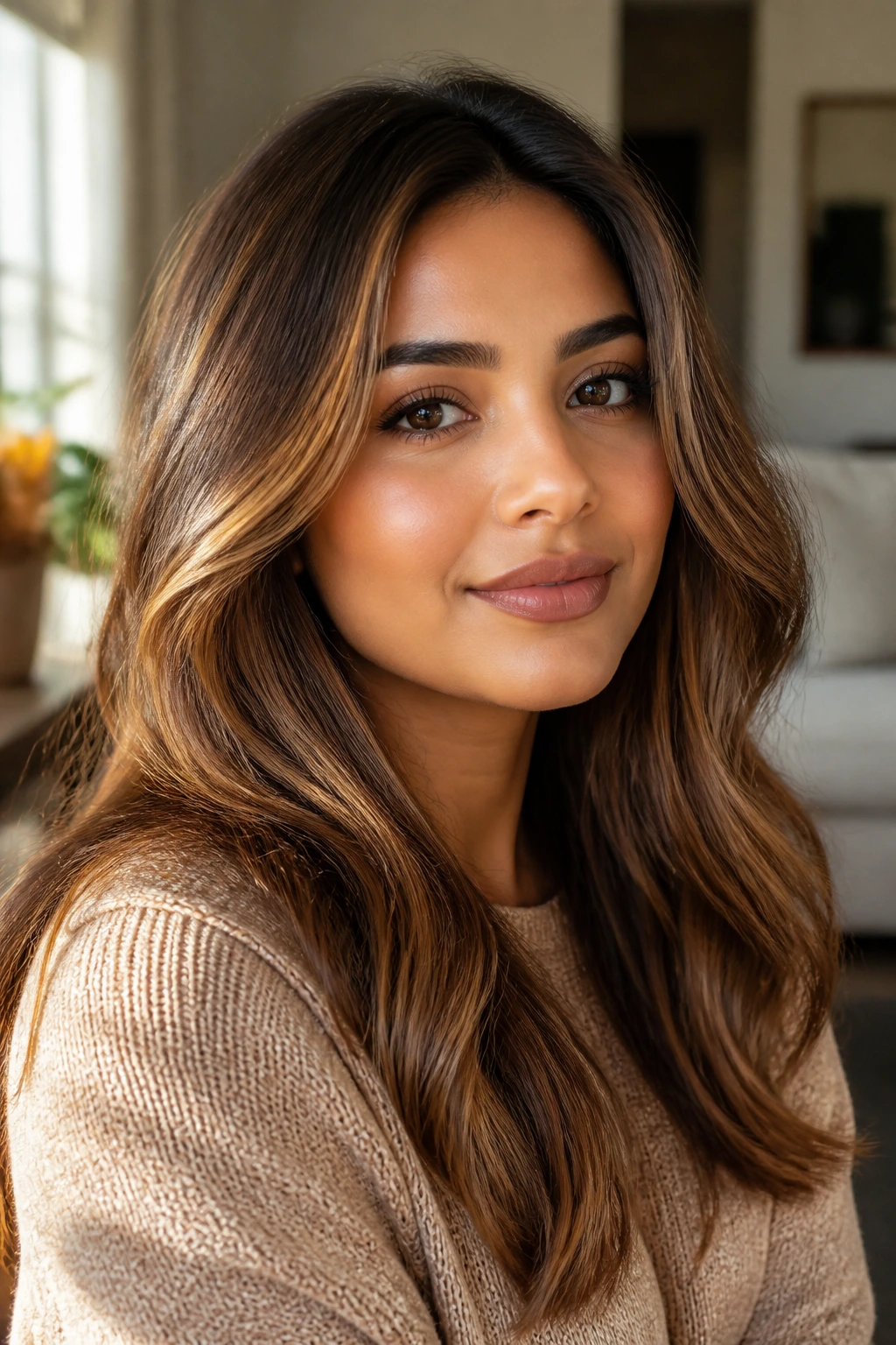 Close-up of a woman with medium skin and toffee hair, warm natural light.