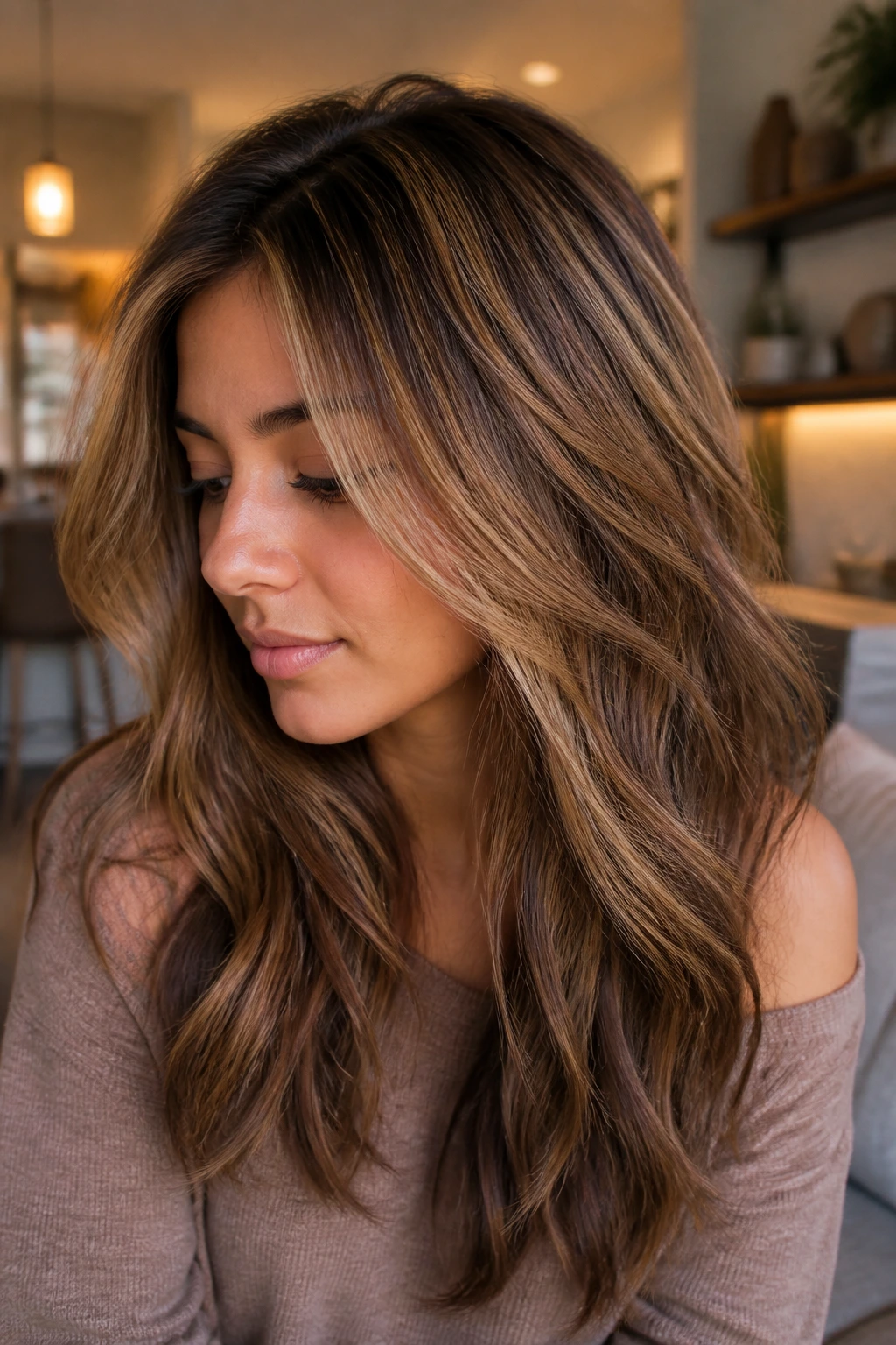 Close-up of toffee shadow highlights with deeper ends on crown and ends