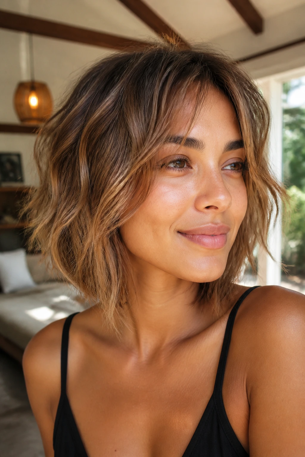 Close-up of a real woman with toffee balayage shaggy bob in warm living room light